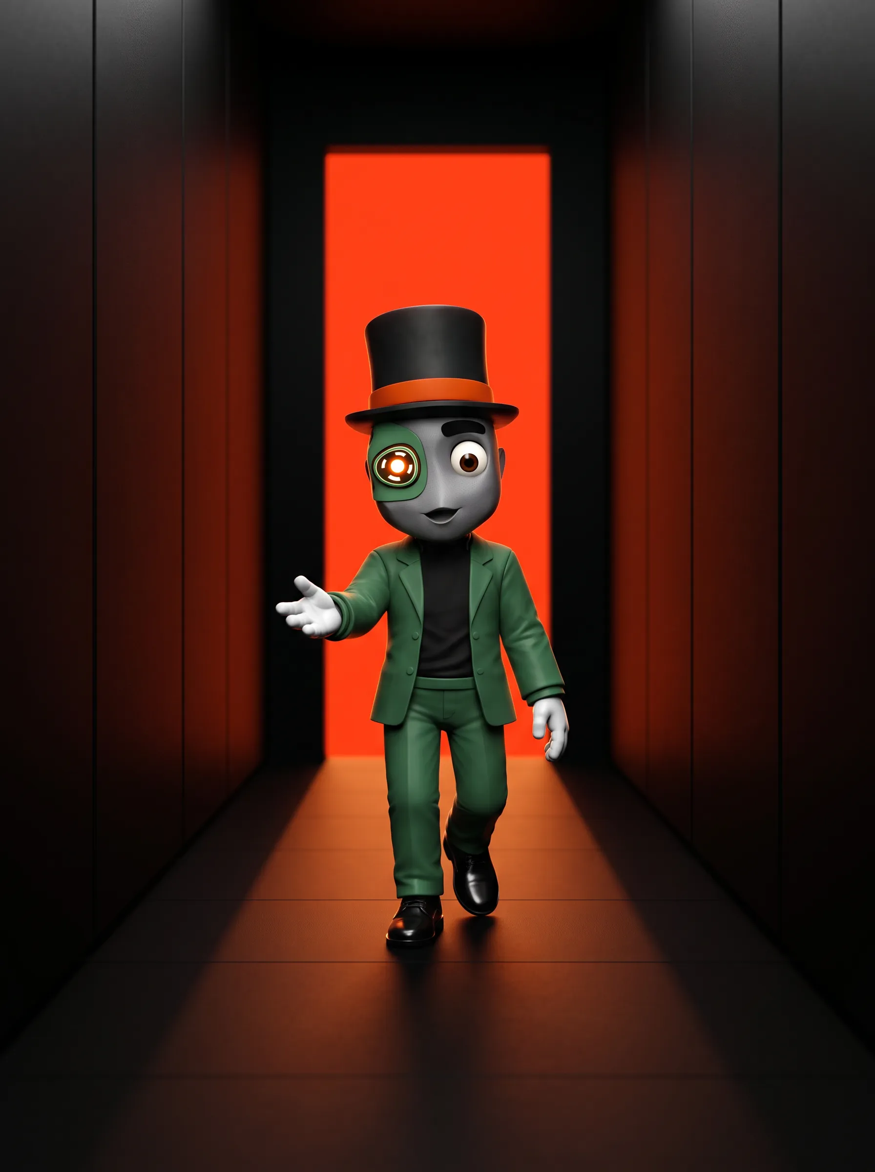 Tobbi, tamer Marketing's mascot, walking down a dark corridor with his hand extended in welcome toward a glowing orange doorway