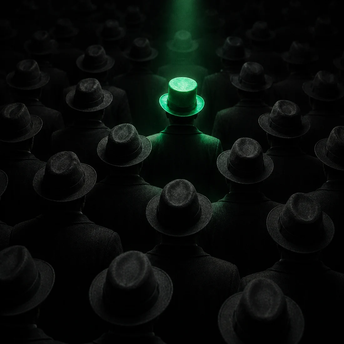 A crowd of identical dark hats and one green top hat lit from above: the brand AI finds
